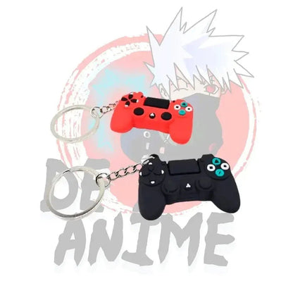 Llavero de goma con diseño de joystick PlayStation rojo y negro, disponible en DeAnime Chile.